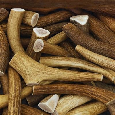 Buffalo Freeze Dry elk antler chews for dogs, showcasing a natural, durable chew in a rustic setting.