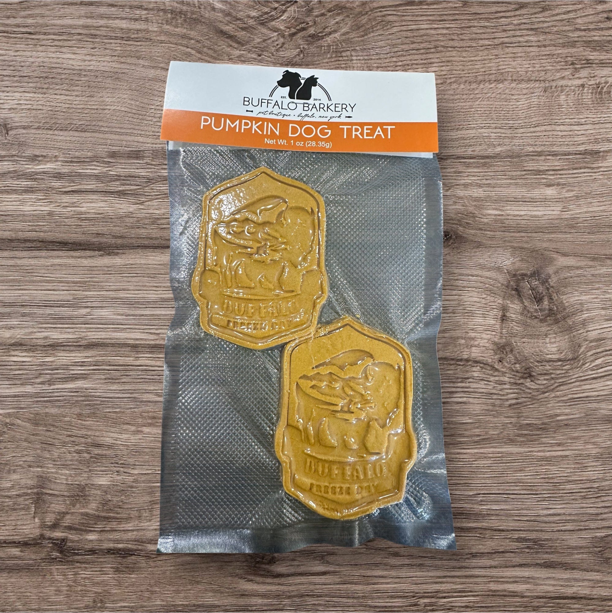 Buffalo Freeze Dry Buffalo Barkery cookies in a clear package, showcasing crunchy, natural dog treats with a rustic look.