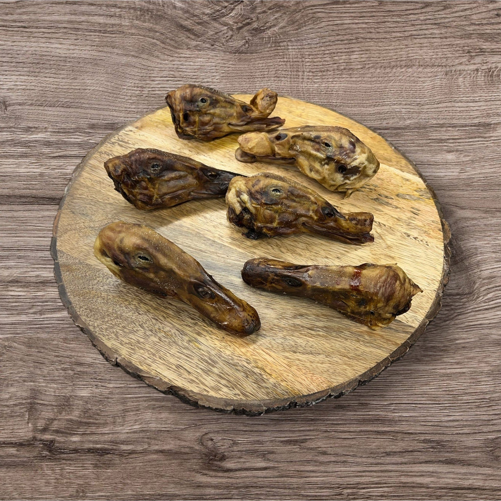 Dehydrated duck head from Buffalo Freeze Dry in a single pack, showcasing a natural, whole duck head.