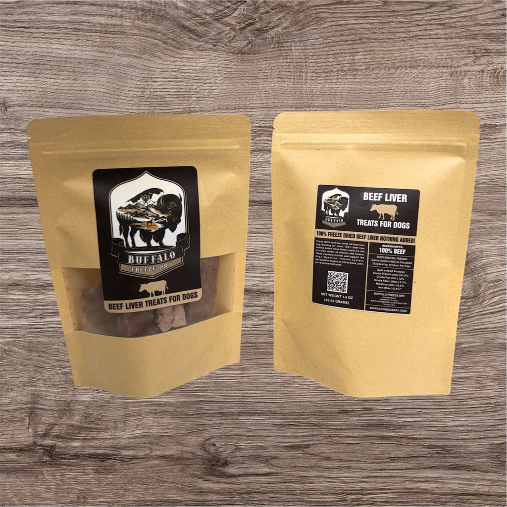 Freeze-dried beef liver treats in a 1.5oz package by Buffalo Freeze Dry, showcasing the product's texture and color.