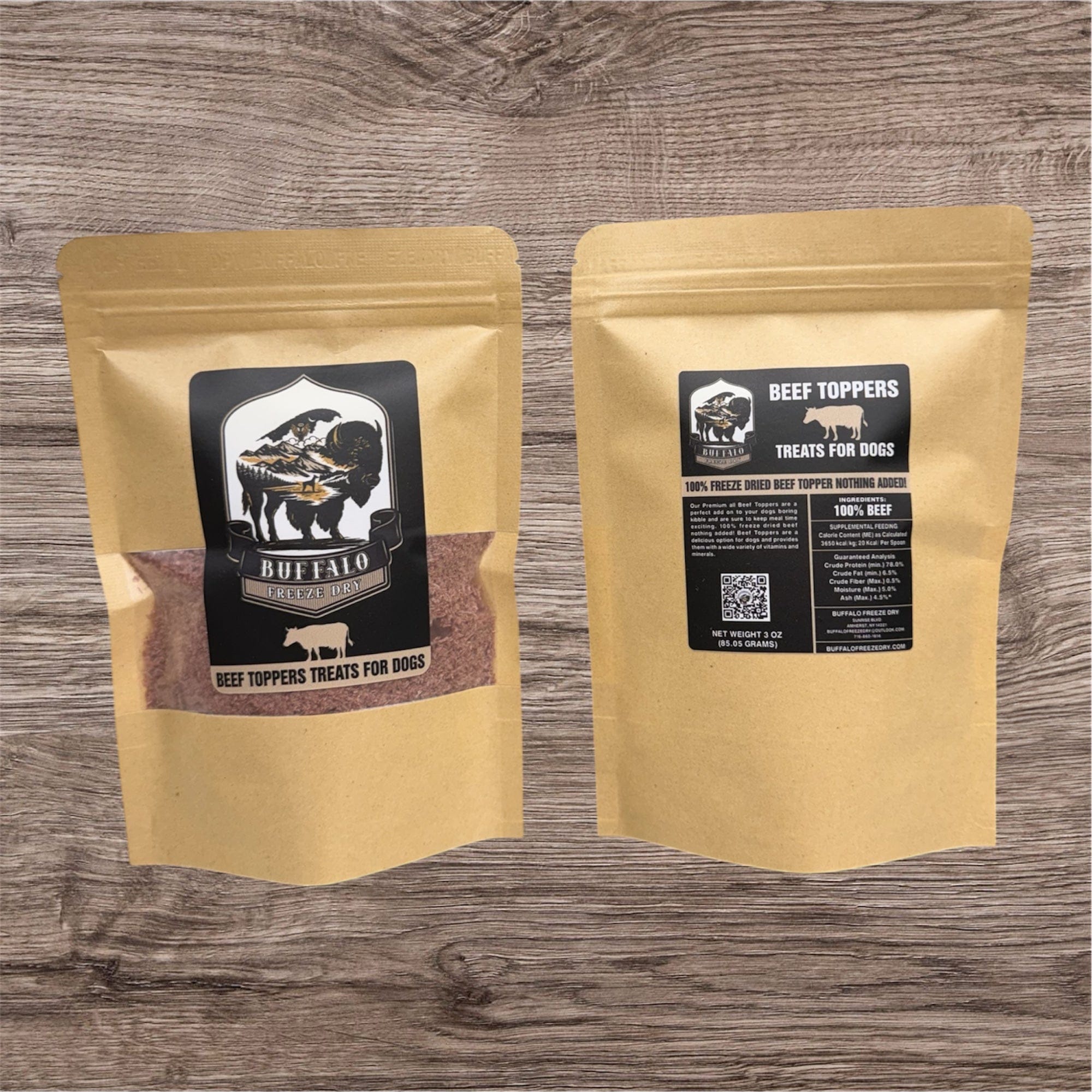 Freeze-dried beef kibble topper in a 3 oz bag from Buffalo Freeze Dry, ideal for enhancing pet meals.