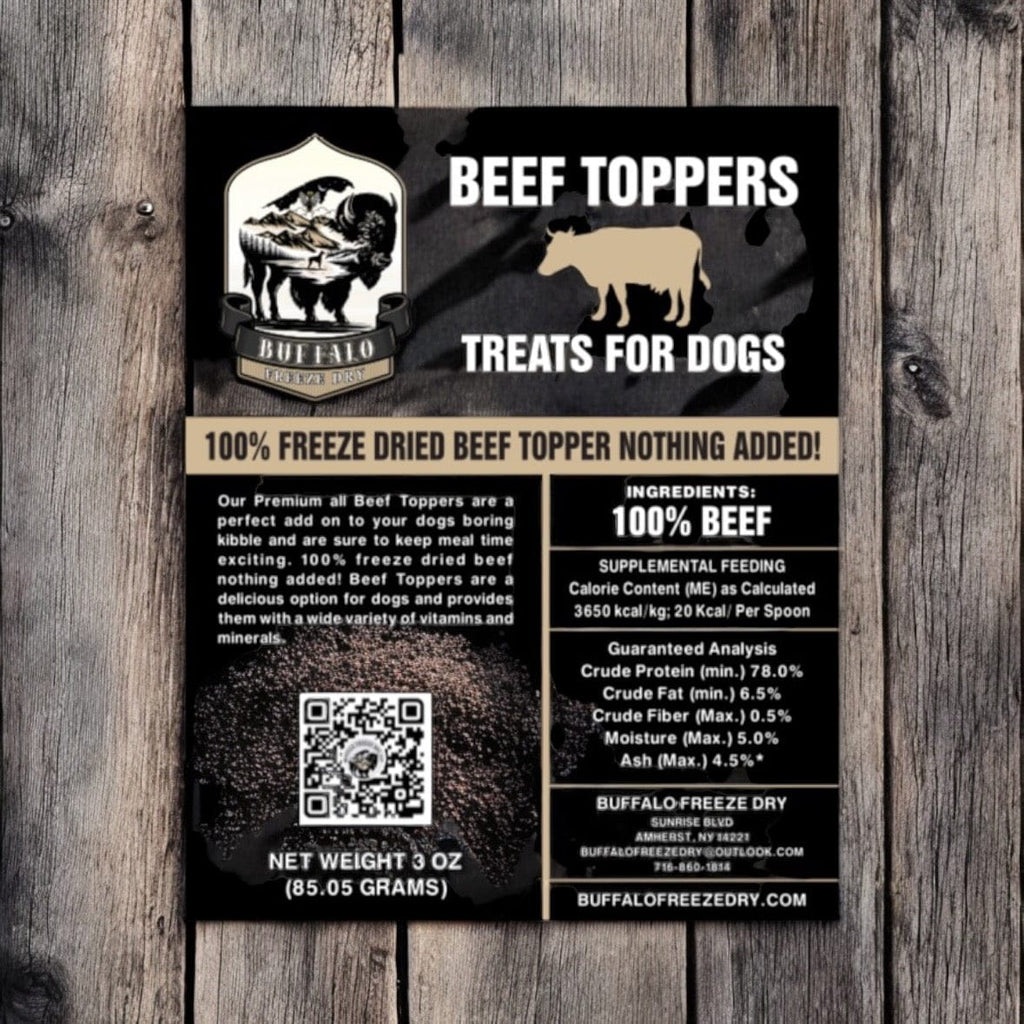 Freeze-dried beef kibble topper in a 3 oz package from Buffalo Freeze Dry, ideal for enhancing pet meals.