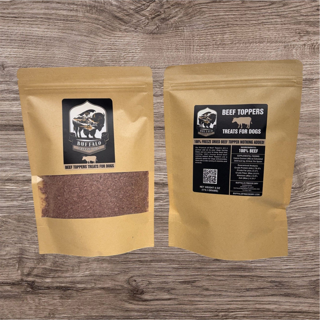 Freeze-dried beef topper for dogs in a 6 oz package by Buffalo Freeze Dry, showcasing kibble pieces and packaging design.