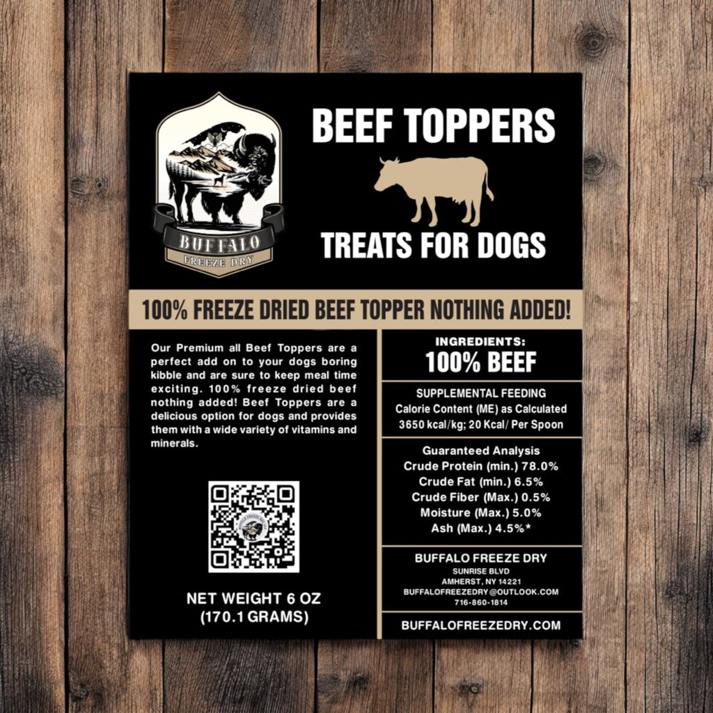 Freeze-dried beef kibble topper in a 6 oz bag by Buffalo Freeze Dry, showcasing the product's texture and packaging.