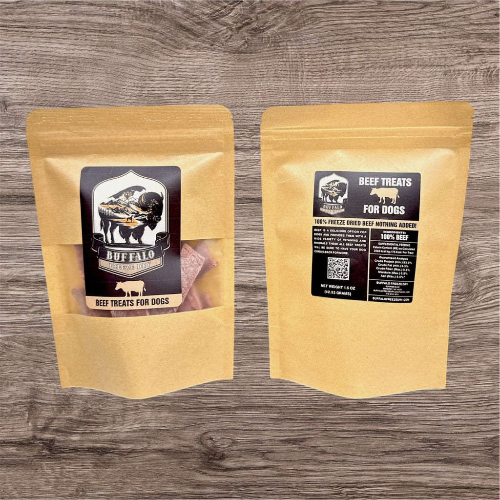 Freeze dried beef treats in a 1.5oz bag by Buffalo Freeze Dry, showcasing premium beef chunks for pets.