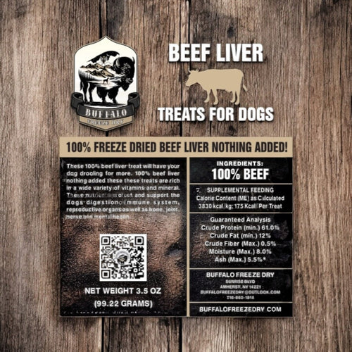 Freeze dried beef liver treats in a 3.5oz package by Buffalo Freeze Dry, showcasing the product's texture and color.