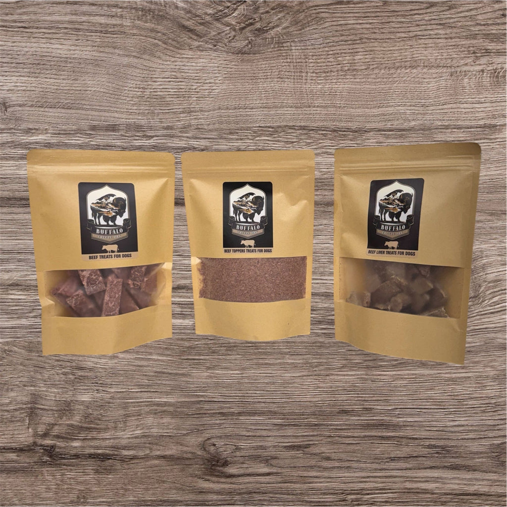 Large Beef Bundle of freeze-dried beef treats by Buffalo Freeze Dry, showcasing assorted cuts in a vacuum-sealed package.