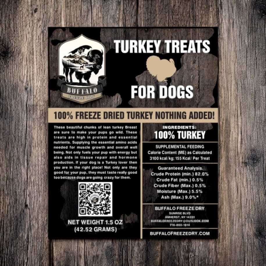 Freeze dried turkey breast treats in a 1.5 oz package by Buffalo Freeze Dry, showing a close-up of the turkey pieces.