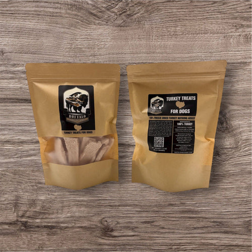 Freeze-dried turkey breast treats in a 3.5oz package from Buffalo Freeze Dry, showcasing the product's texture and color.