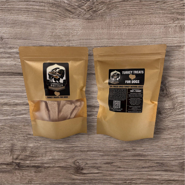 Freeze-dried turkey breast treats in a 3.5oz package from Buffalo Freeze Dry, showcasing the product's texture and color.